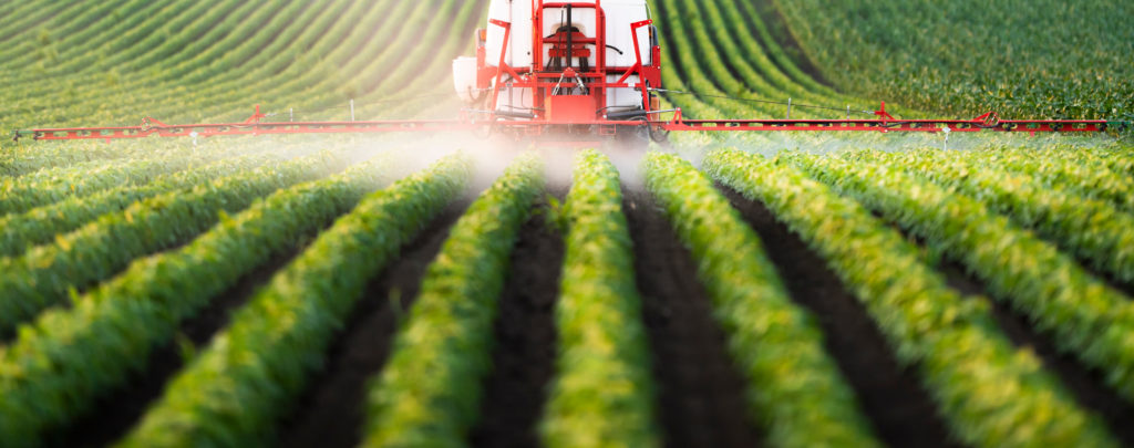 Tractor Spraying Soy Field In Sunset.